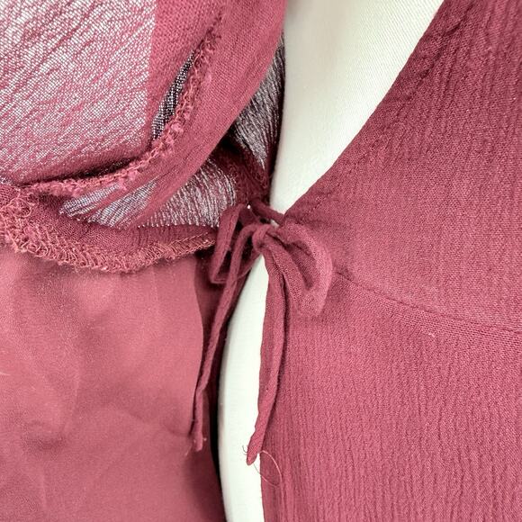 Lulus Burgundy Wrap Maxi Dress L Short Sleeve V Neck Flowy Lined Wedding Guest - Picture 6 of 8